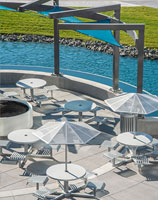 CityView Carousel Tables and Aluminum Panel Umbrellas