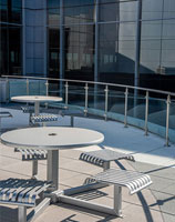 CityView Carousel Tables and Aluminum Panel Umbrellas