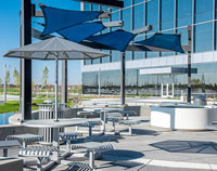 CityView Carousel Tables and Aluminum Panel Umbrellas