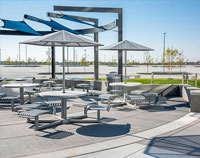 CityView Carousel Tables and Aluminum Panel Umbrellas