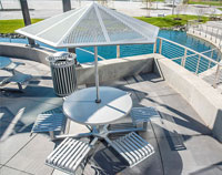 CityView Receptacles, Carousel Tables, and Aluminum Panel Umbrellas