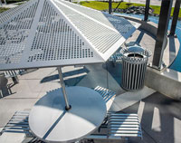 CityView Receptacles, Carousel Tables, and Aluminum Panel Umbrellas