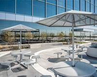 CityView Carousel Tables and Aluminum Panel Umbrellas